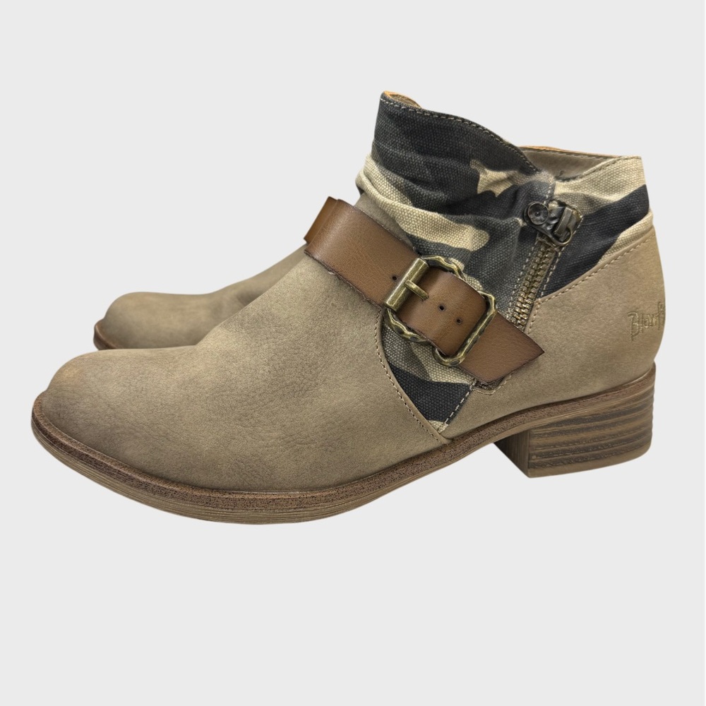 Blowfish Viten Vegan Tan Camo Booties SZ 7.5" Boho Buckle CoastalCowgirl Rocker